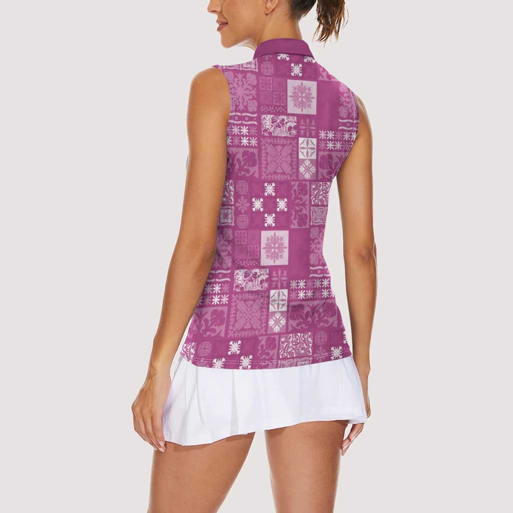 Vintage Hawaiian Quilting Patterns Women Sleeveless Polo Shirt Pink Style Tribal Fabric Patchwork LT9 - Polynesian Pride