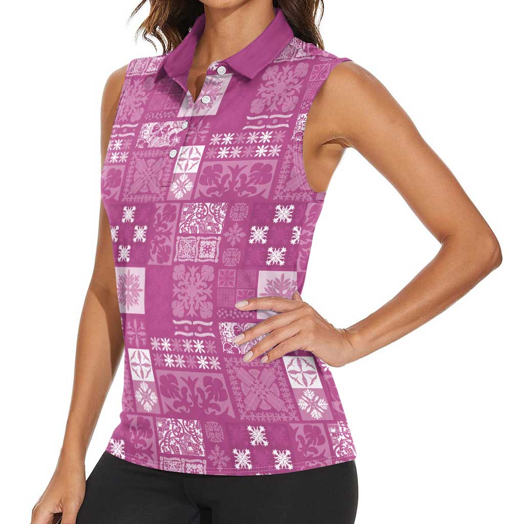 Vintage Hawaiian Quilting Patterns Women Sleeveless Polo Shirt Pink Style Tribal Fabric Patchwork LT9 - Polynesian Pride
