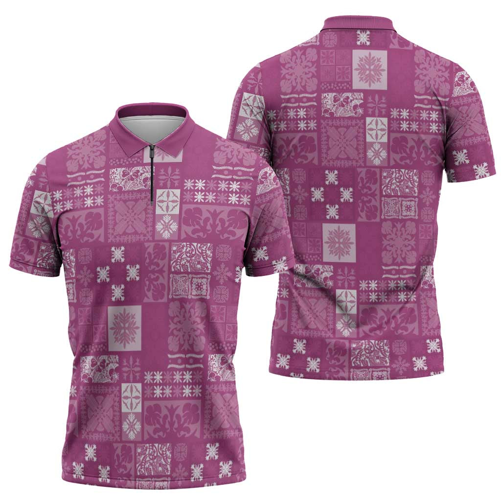 Vintage Hawaiian Quilting Patterns Zipper Polo Shirt Pink Style Tribal Fabric Patchwork - Polynesian Pride