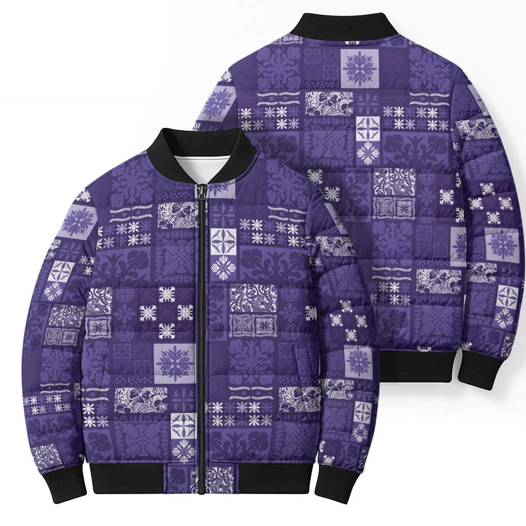 Vintage Hawaiian Quilting Patterns Bomber Puffer Jacket Purple Style Tribal Fabric Patchwork - Polynesian Pride