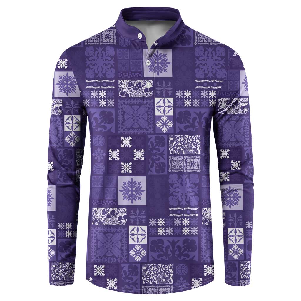 Vintage Hawaiian Quilting Patterns Button Sweatshirt Purple Style Tribal Fabric Patchwork - Polynesian Pride