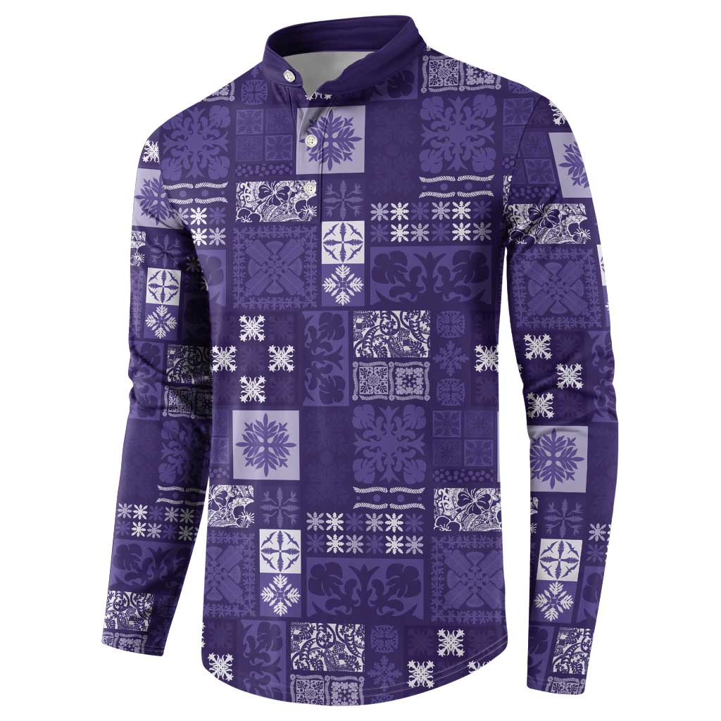 Vintage Hawaiian Quilting Patterns Button Sweatshirt Purple Style Tribal Fabric Patchwork - Polynesian Pride