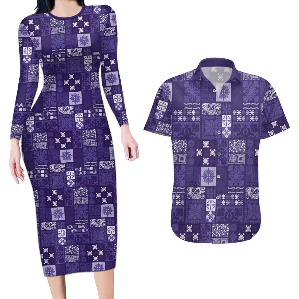 Vintage Hawaiian Quilting Patterns Couples Matching Long Sleeve Bodycon Dress and Hawaiian Shirt Purple Style Tribal Fabric Patchwork LT9 Purple - Polynesian Pride
