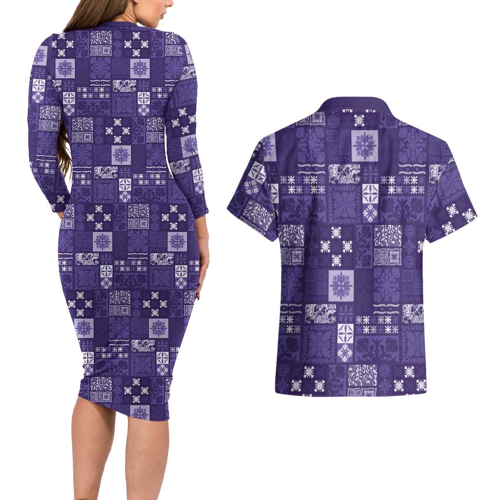 Vintage Hawaiian Quilting Patterns Couples Matching Long Sleeve Bodycon Dress and Hawaiian Shirt Purple Style Tribal Fabric Patchwork LT9 - Polynesian Pride