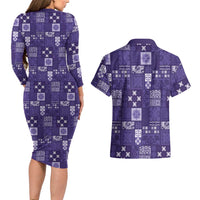 Vintage Hawaiian Quilting Patterns Couples Matching Long Sleeve Bodycon Dress and Hawaiian Shirt Purple Style Tribal Fabric Patchwork LT9 - Polynesian Pride