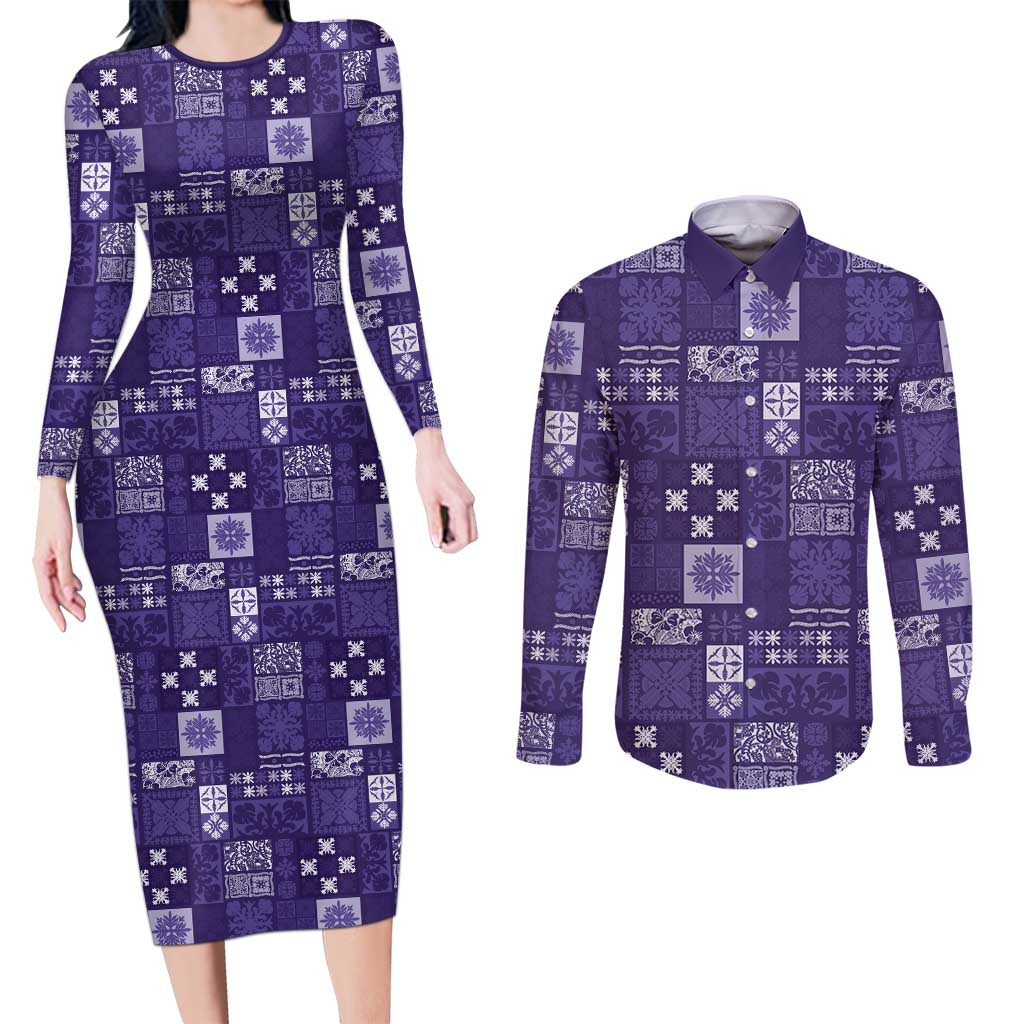 Vintage Hawaiian Quilting Patterns Couples Matching Long Sleeve Bodycon Dress and Long Sleeve Button Shirt Purple Style Tribal Fabric Patchwork LT9 Purple - Polynesian Pride