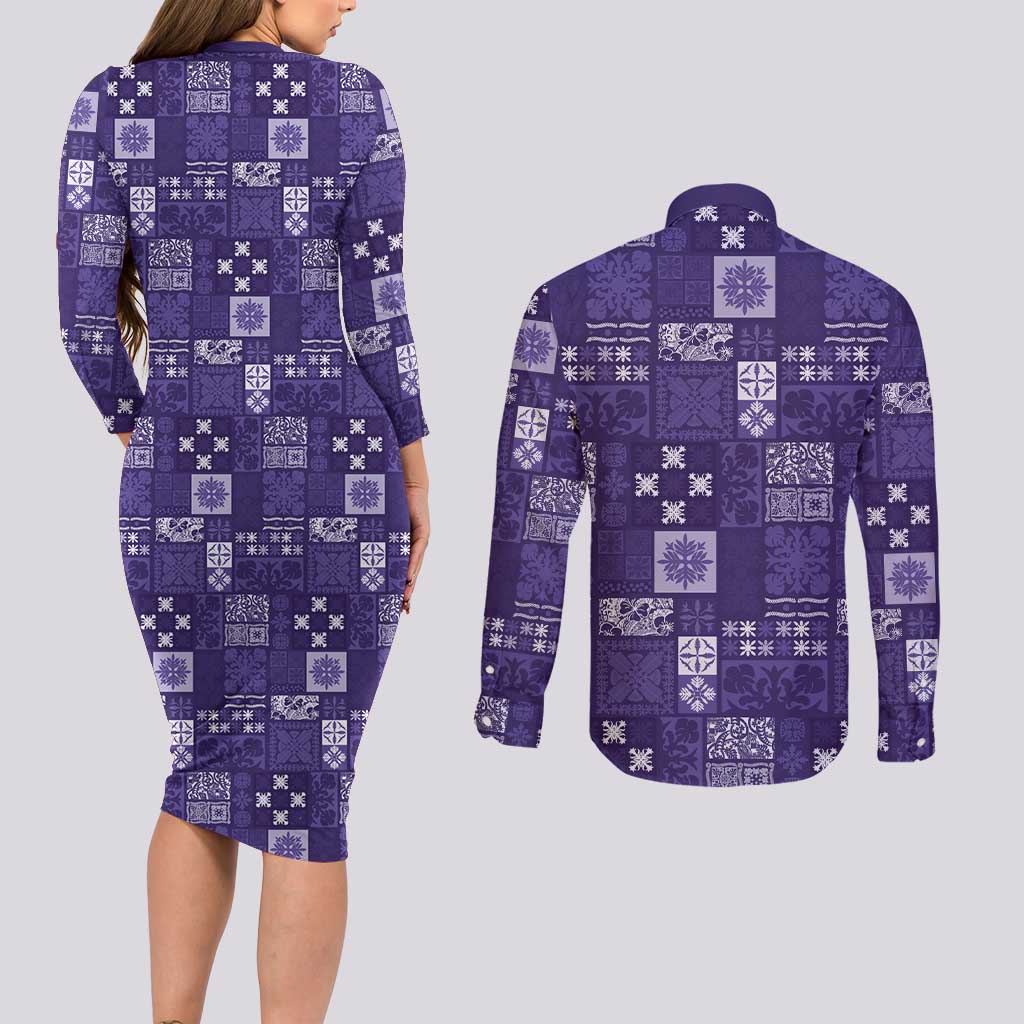 Vintage Hawaiian Quilting Patterns Couples Matching Long Sleeve Bodycon Dress and Long Sleeve Button Shirt Purple Style Tribal Fabric Patchwork LT9 - Polynesian Pride