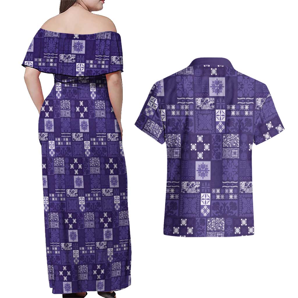 Vintage Hawaiian Quilting Patterns Couples Matching Off Shoulder Maxi Dress and Hawaiian Shirt Purple Style Tribal Fabric Patchwork - Polynesian Pride