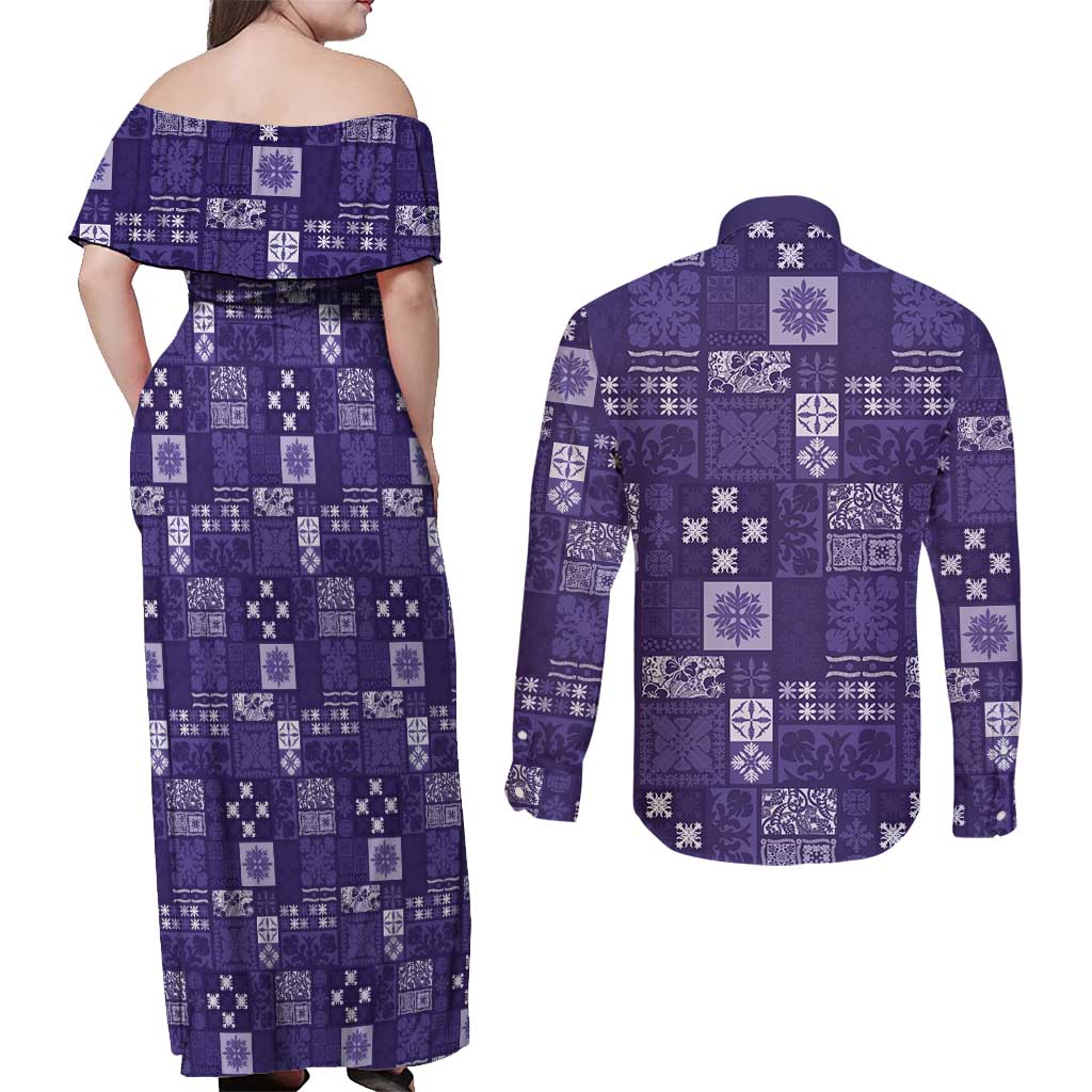 Vintage Hawaiian Quilting Patterns Couples Matching Off Shoulder Maxi Dress and Long Sleeve Button Shirt Purple Style Tribal Fabric Patchwork - Polynesian Pride