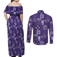 Vintage Hawaiian Quilting Patterns Couples Matching Off Shoulder Maxi Dress and Long Sleeve Button Shirt Purple Style Tribal Fabric Patchwork - Polynesian Pride