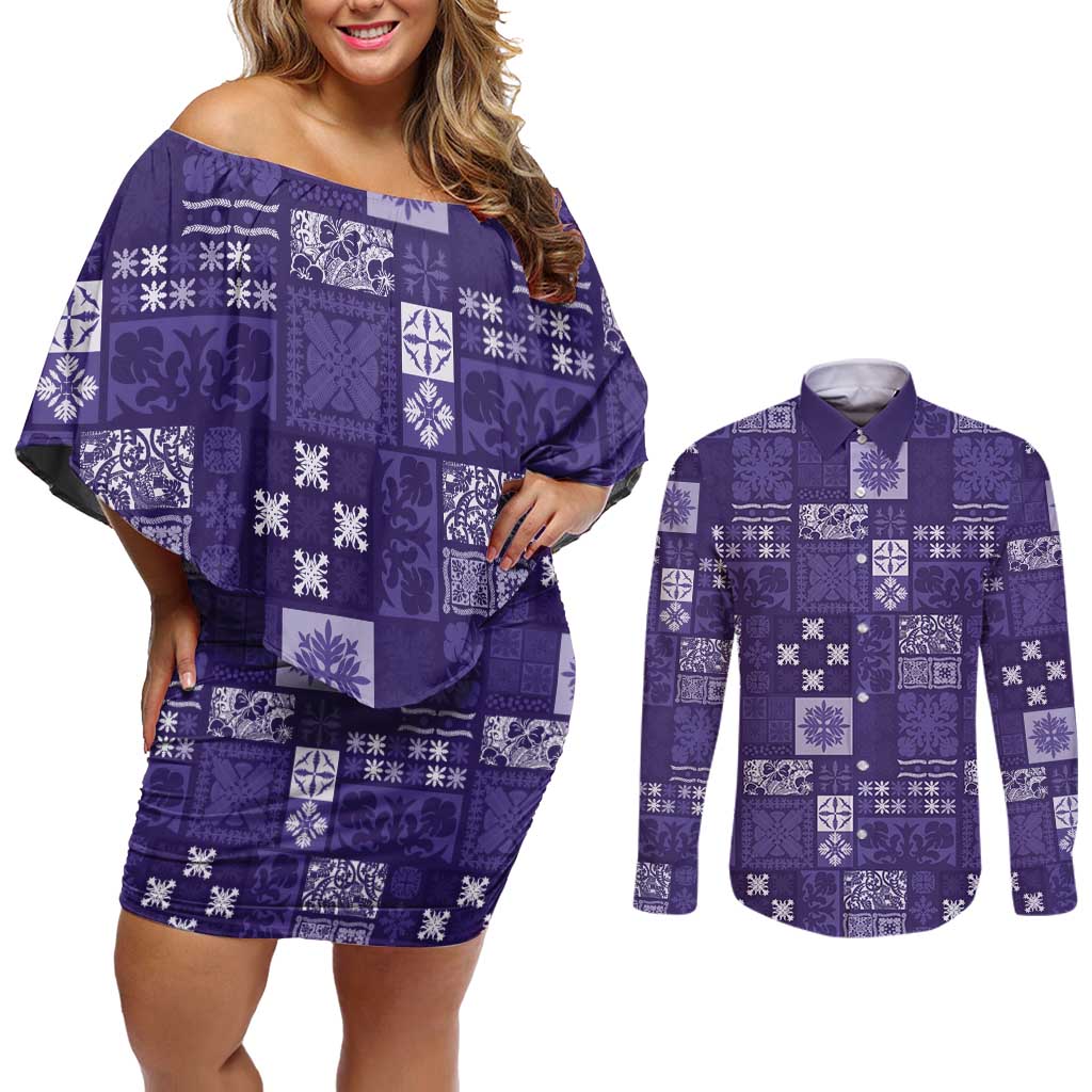 Vintage Hawaiian Quilting Patterns Couples Matching Off Shoulder Short Dress and Long Sleeve Button Shirt Purple Style Tribal Fabric Patchwork - Polynesian Pride