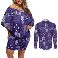 Vintage Hawaiian Quilting Patterns Couples Matching Off Shoulder Short Dress and Long Sleeve Button Shirt Purple Style Tribal Fabric Patchwork - Polynesian Pride