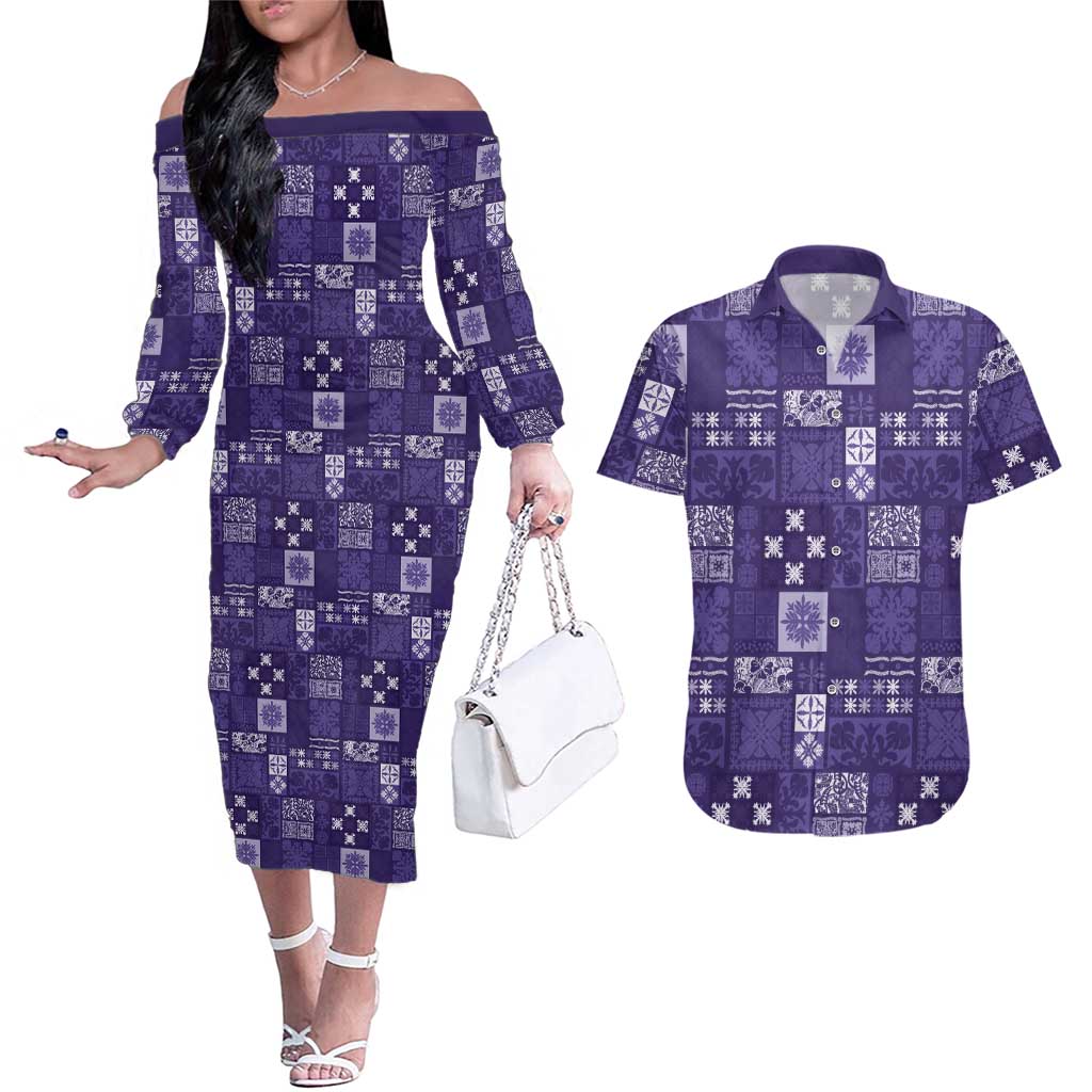 Vintage Hawaiian Quilting Patterns Couples Matching Off The Shoulder Long Sleeve Dress and Hawaiian Shirt Purple Style Tribal Fabric Patchwork - Polynesian Pride