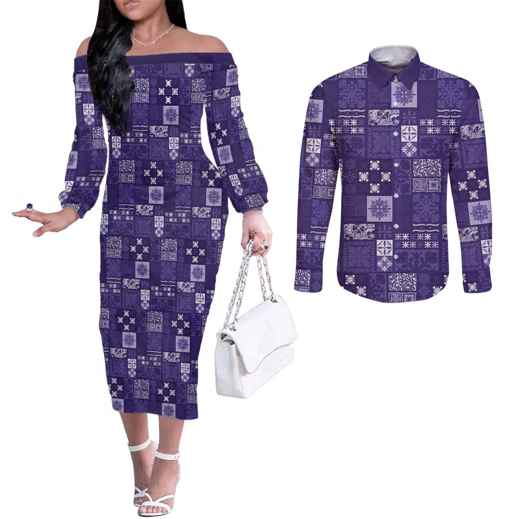 Vintage Hawaiian Quilting Patterns Couples Matching Off The Shoulder Long Sleeve Dress and Long Sleeve Button Shirt Purple Style Tribal Fabric Patchwork LT9 Purple - Polynesian Pride