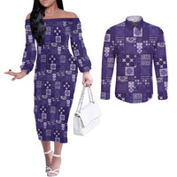 Vintage Hawaiian Quilting Patterns Couples Matching Off The Shoulder Long Sleeve Dress and Long Sleeve Button Shirt Purple Style Tribal Fabric Patchwork LT9 Purple - Polynesian Pride