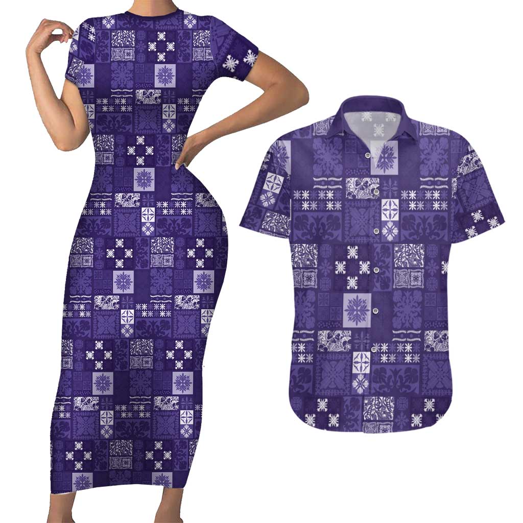 Vintage Hawaiian Quilting Patterns Couples Matching Short Sleeve Bodycon Dress and Hawaiian Shirt Purple Style Tribal Fabric Patchwork LT9 Purple - Polynesian Pride