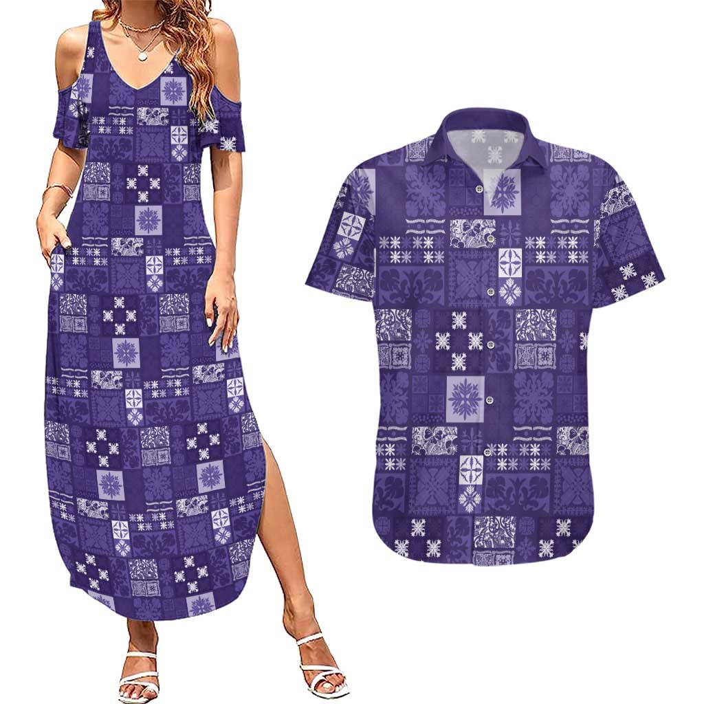 Vintage Hawaiian Quilting Patterns Couples Matching Summer Maxi Dress and Hawaiian Shirt Purple Style Tribal Fabric Patchwork - Polynesian Pride