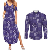 Vintage Hawaiian Quilting Patterns Couples Matching Summer Maxi Dress and Long Sleeve Button Shirt Purple Style Tribal Fabric Patchwork - Polynesian Pride