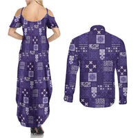 Vintage Hawaiian Quilting Patterns Couples Matching Summer Maxi Dress and Long Sleeve Button Shirt Purple Style Tribal Fabric Patchwork - Polynesian Pride