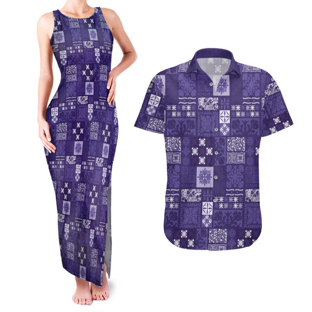 Vintage Hawaiian Quilting Patterns Couples Matching Tank Maxi Dress and Hawaiian Shirt Purple Style Tribal Fabric Patchwork - Polynesian Pride