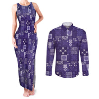 Vintage Hawaiian Quilting Patterns Couples Matching Tank Maxi Dress and Long Sleeve Button Shirt Purple Style Tribal Fabric Patchwork - Polynesian Pride