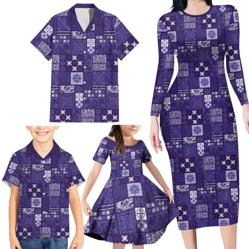 Vintage Hawaiian Quilting Patterns Family Matching Long Sleeve Bodycon Dress and Hawaiian Shirt Purple Style Tribal Fabric Patchwork - Polynesian Pride
