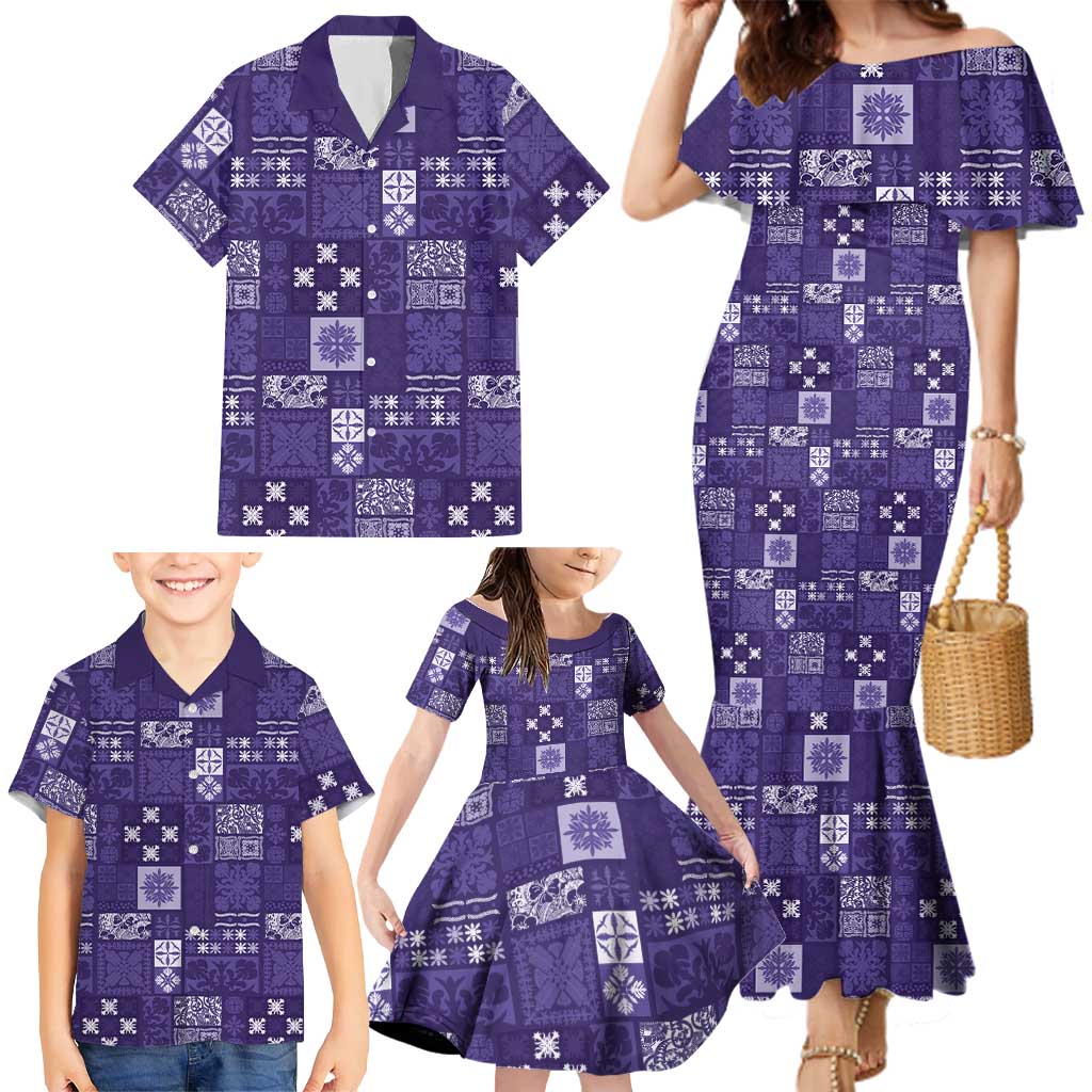 Vintage Hawaiian Quilting Patterns Family Matching Mermaid Dress and Hawaiian Shirt Purple Style Tribal Fabric Patchwork LT9 - Polynesian Pride