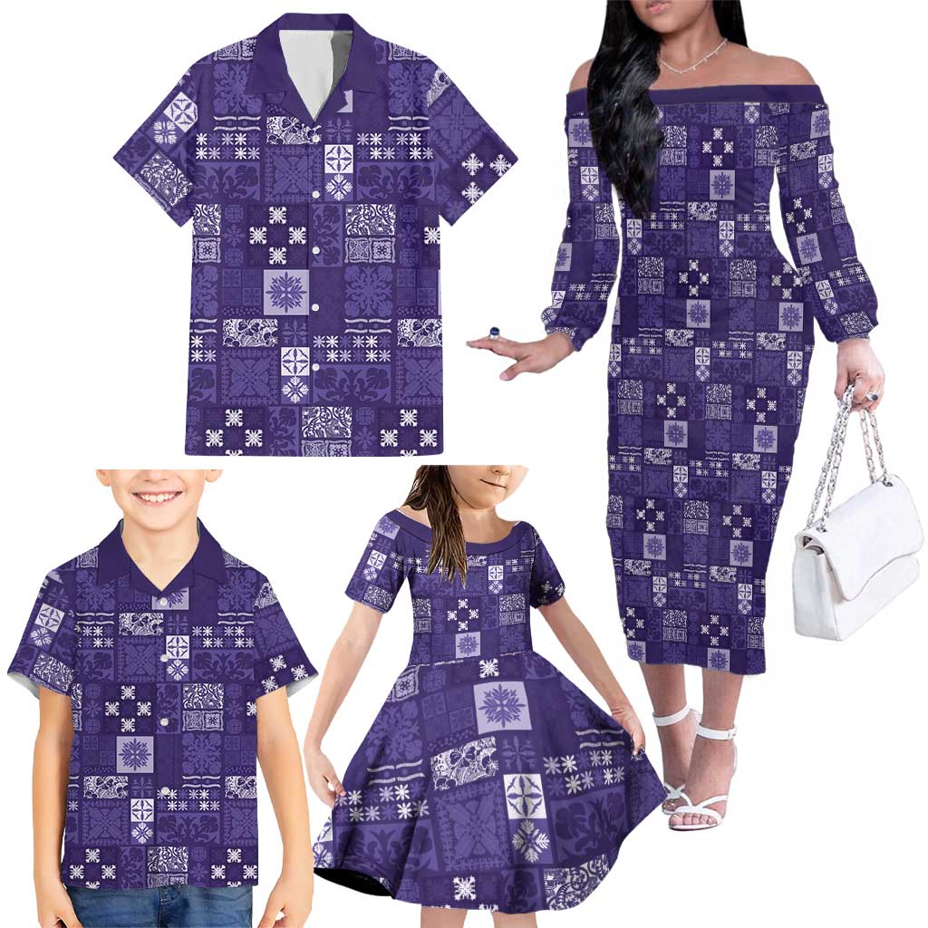 Vintage Hawaiian Quilting Patterns Family Matching Off The Shoulder Long Sleeve Dress and Hawaiian Shirt Purple Style Tribal Fabric Patchwork LT9 - Polynesian Pride