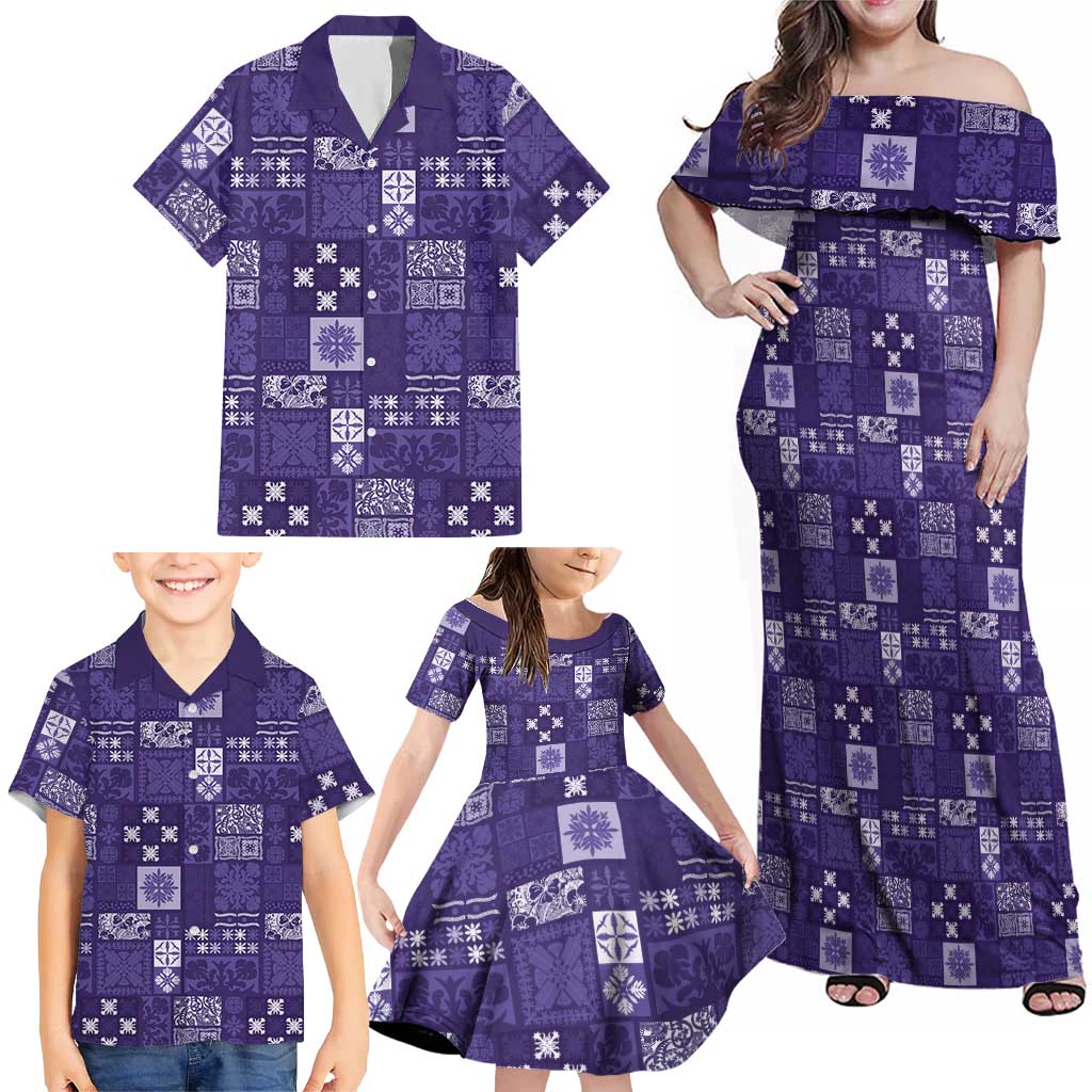 Vintage Hawaiian Quilting Patterns Family Matching Off Shoulder Maxi Dress and Hawaiian Shirt Purple Style Tribal Fabric Patchwork - Polynesian Pride