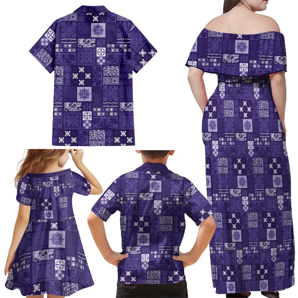 Vintage Hawaiian Quilting Patterns Family Matching Off Shoulder Maxi Dress and Hawaiian Shirt Purple Style Tribal Fabric Patchwork LT9 - Polynesian Pride