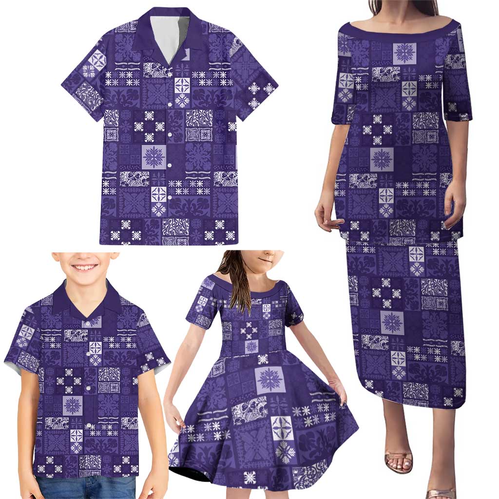 Vintage Hawaiian Quilting Patterns Family Matching Puletasi and Hawaiian Shirt Purple Style Tribal Fabric Patchwork LT9 - Polynesian Pride