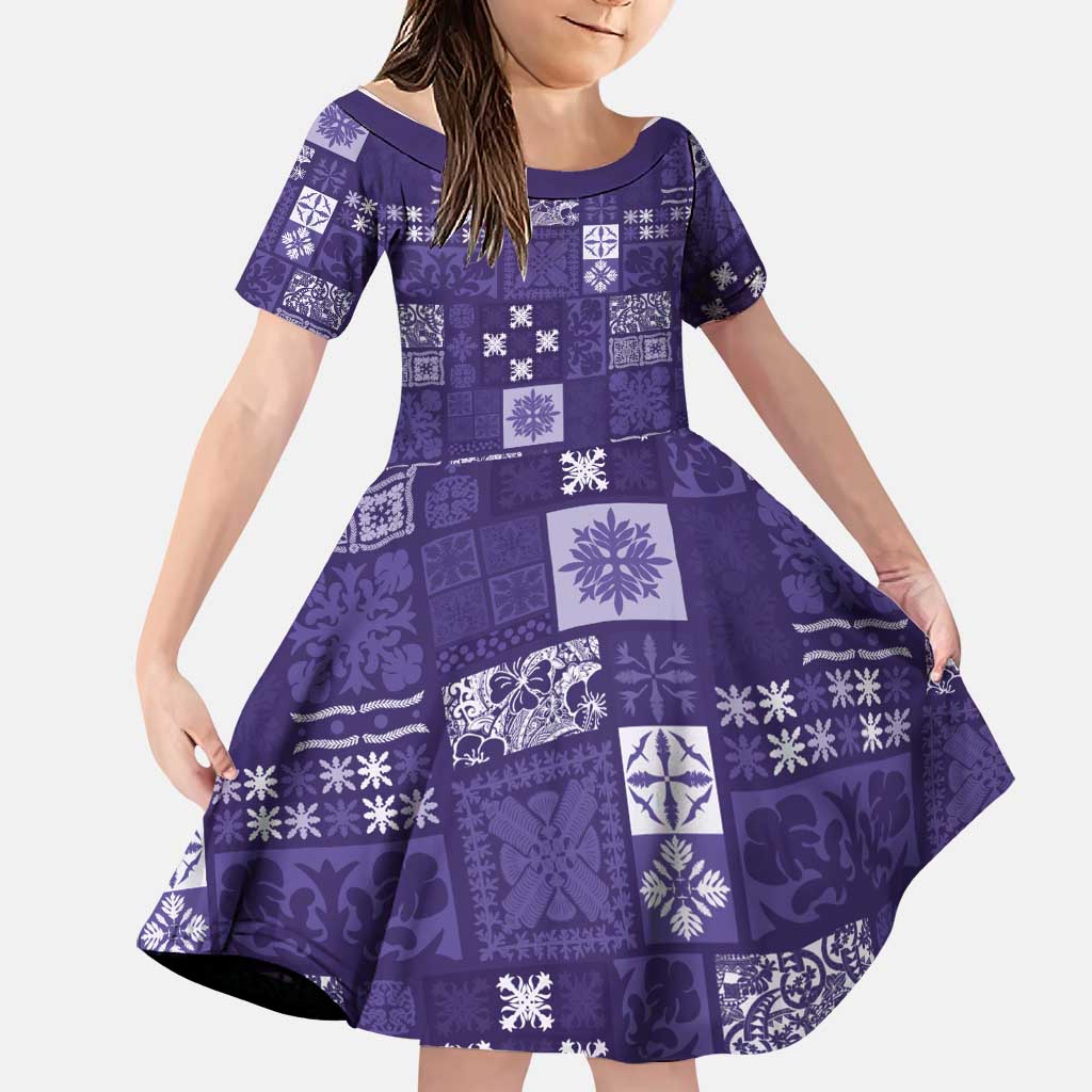 Vintage Hawaiian Quilting Patterns Family Matching Short Sleeve Bodycon Dress and Hawaiian Shirt Purple Style Tribal Fabric Patchwork LT9 Daughter's Dress Purple - Polynesian Pride
