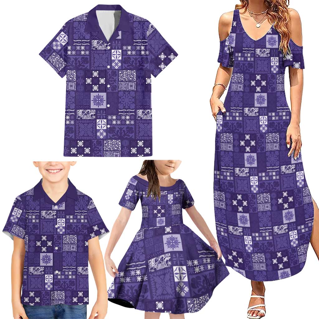 Vintage Hawaiian Quilting Patterns Family Matching Summer Maxi Dress and Hawaiian Shirt Purple Style Tribal Fabric Patchwork LT9 - Polynesian Pride