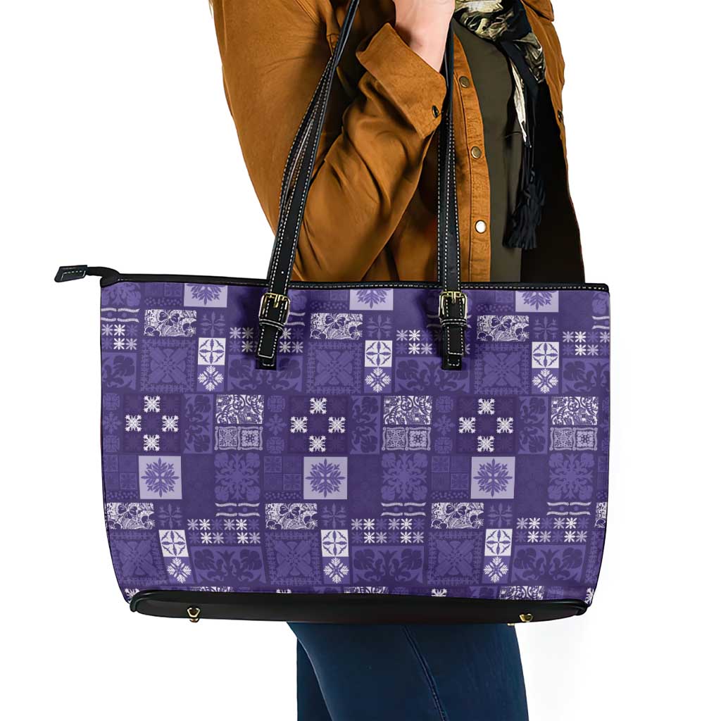 Vintage Hawaiian Quilting Patterns Leather Tote Bag Purple Style Tribal Fabric Patchwork - Polynesian Pride