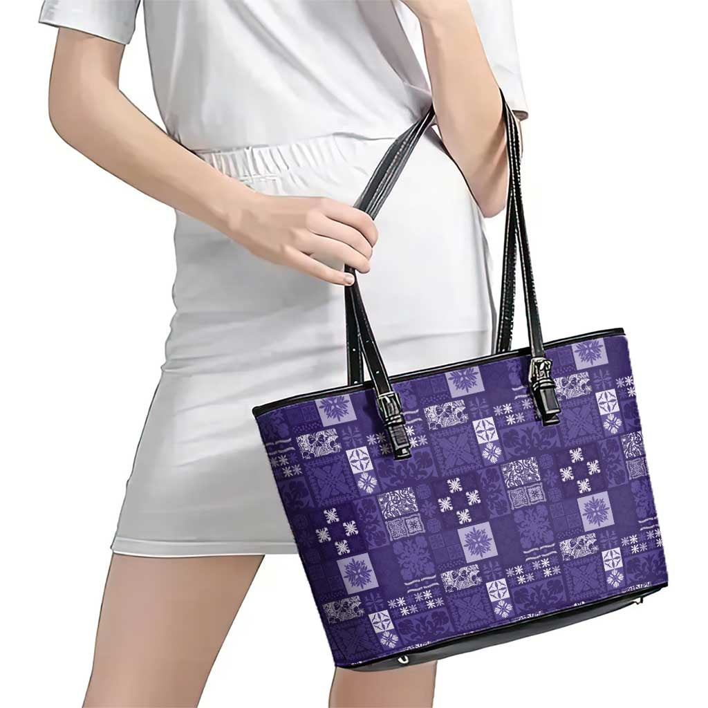 Vintage Hawaiian Quilting Patterns Leather Tote Bag Purple Style Tribal Fabric Patchwork - Polynesian Pride
