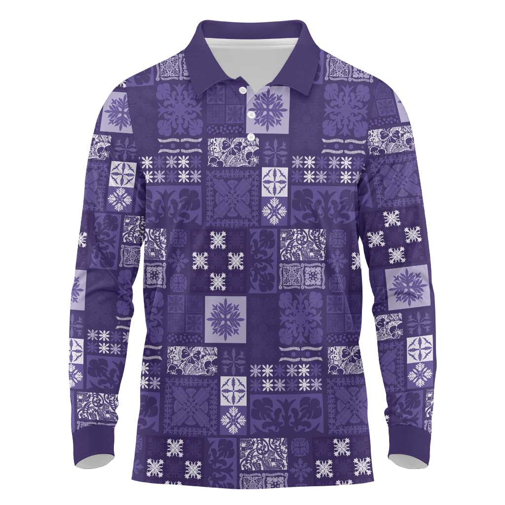 Vintage Hawaiian Quilting Patterns Long Sleeve Polo Shirt Purple Style Tribal Fabric Patchwork - Polynesian Pride