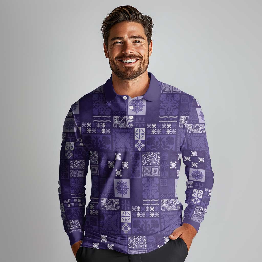 Vintage Hawaiian Quilting Patterns Long Sleeve Polo Shirt Purple Style Tribal Fabric Patchwork - Polynesian Pride