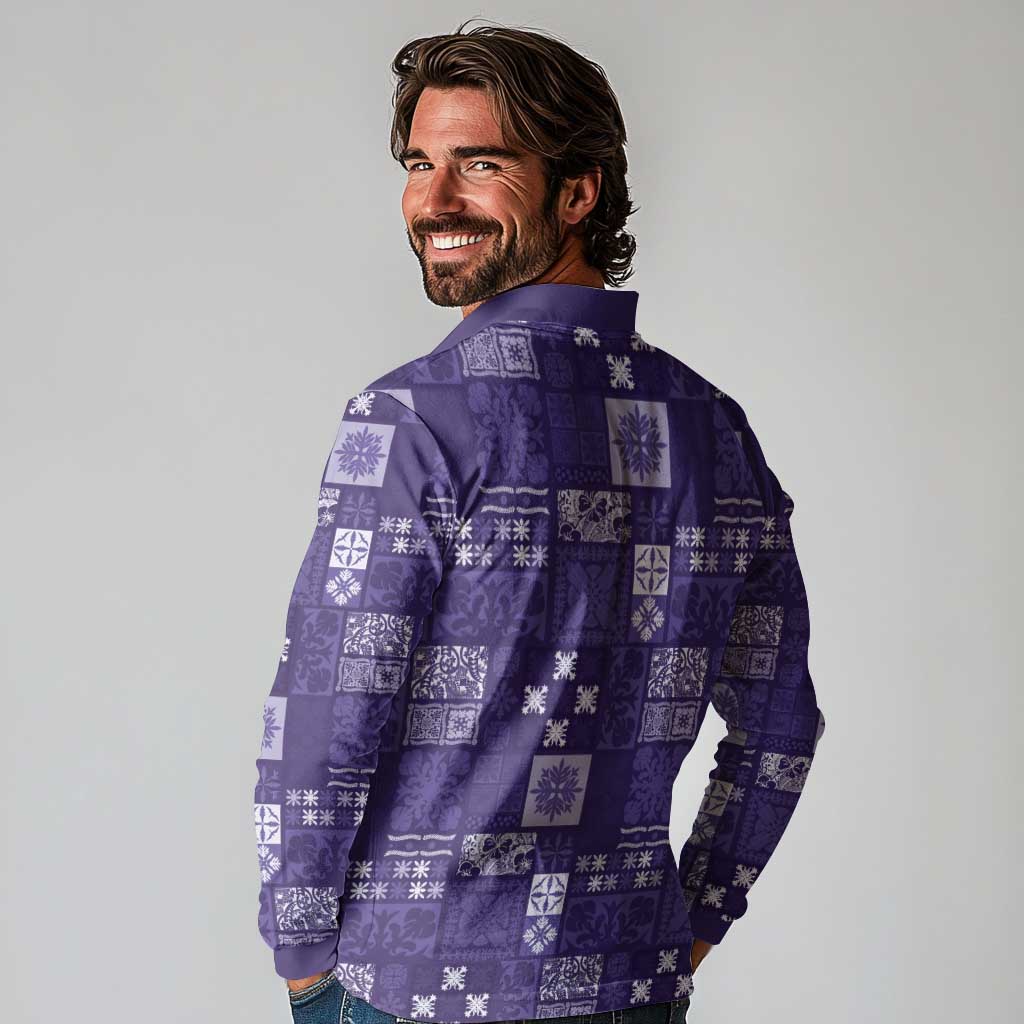 Vintage Hawaiian Quilting Patterns Long Sleeve Polo Shirt Purple Style Tribal Fabric Patchwork - Polynesian Pride