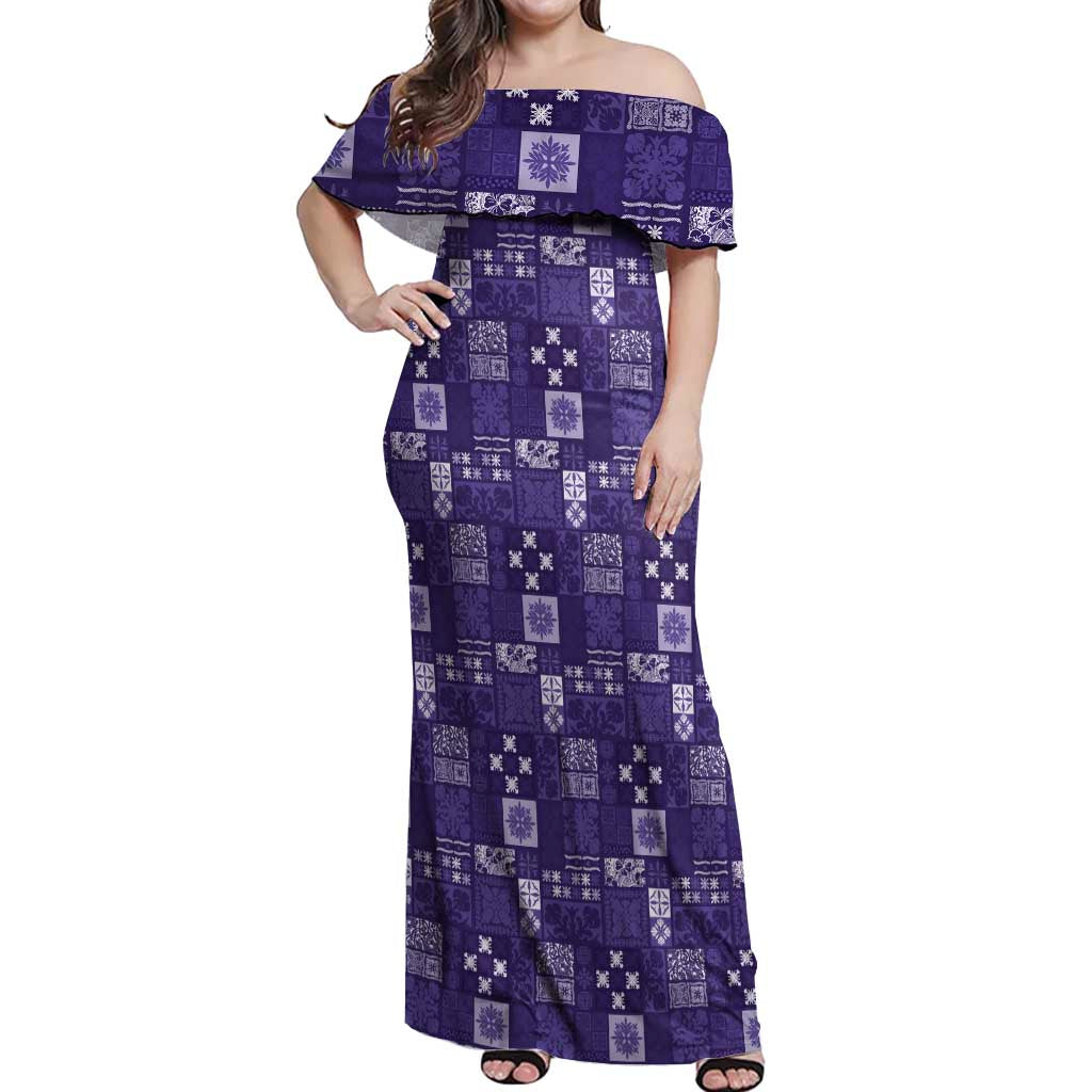 Vintage Hawaiian Quilting Patterns Off Shoulder Maxi Dress Purple Style Tribal Fabric Patchwork - Polynesian Pride
