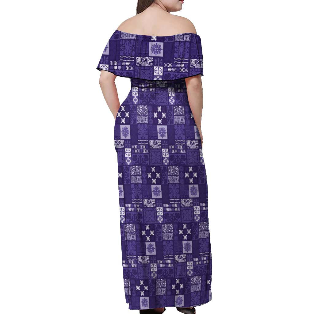 Vintage Hawaiian Quilting Patterns Off Shoulder Maxi Dress Purple Style Tribal Fabric Patchwork - Polynesian Pride