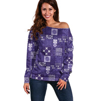 Vintage Hawaiian Quilting Patterns Off Shoulder Sweater Purple Style Tribal Fabric Patchwork LT9 Women Purple - Polynesian Pride