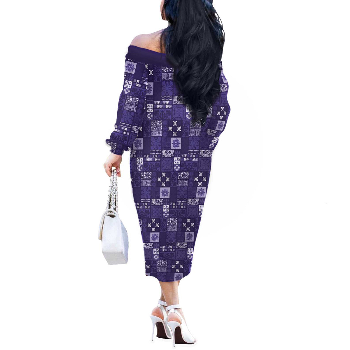 Vintage Hawaiian Quilting Patterns Off The Shoulder Long Sleeve Dress Purple Style Tribal Fabric Patchwork - Polynesian Pride