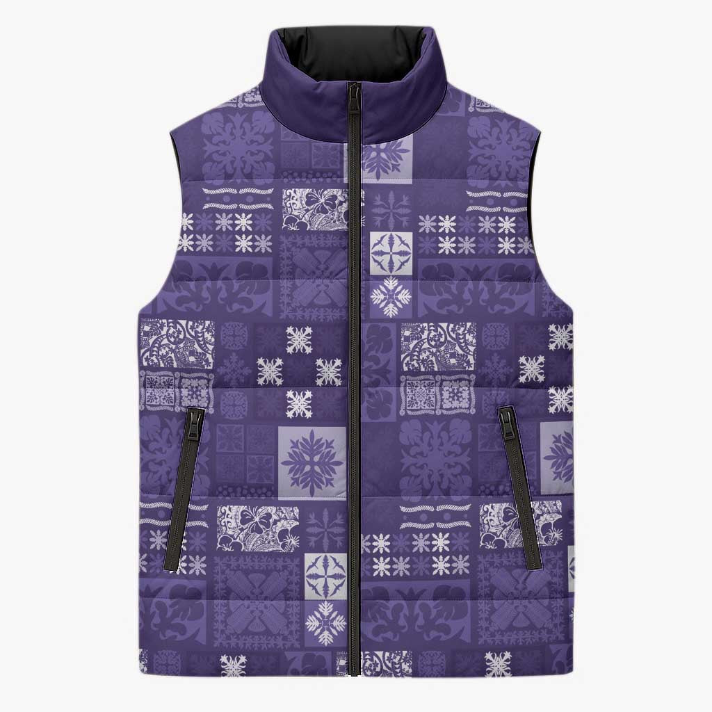 Vintage Hawaiian Quilting Patterns Sleeveless Puffer Jacket Purple Style Tribal Fabric Patchwork - Polynesian Pride