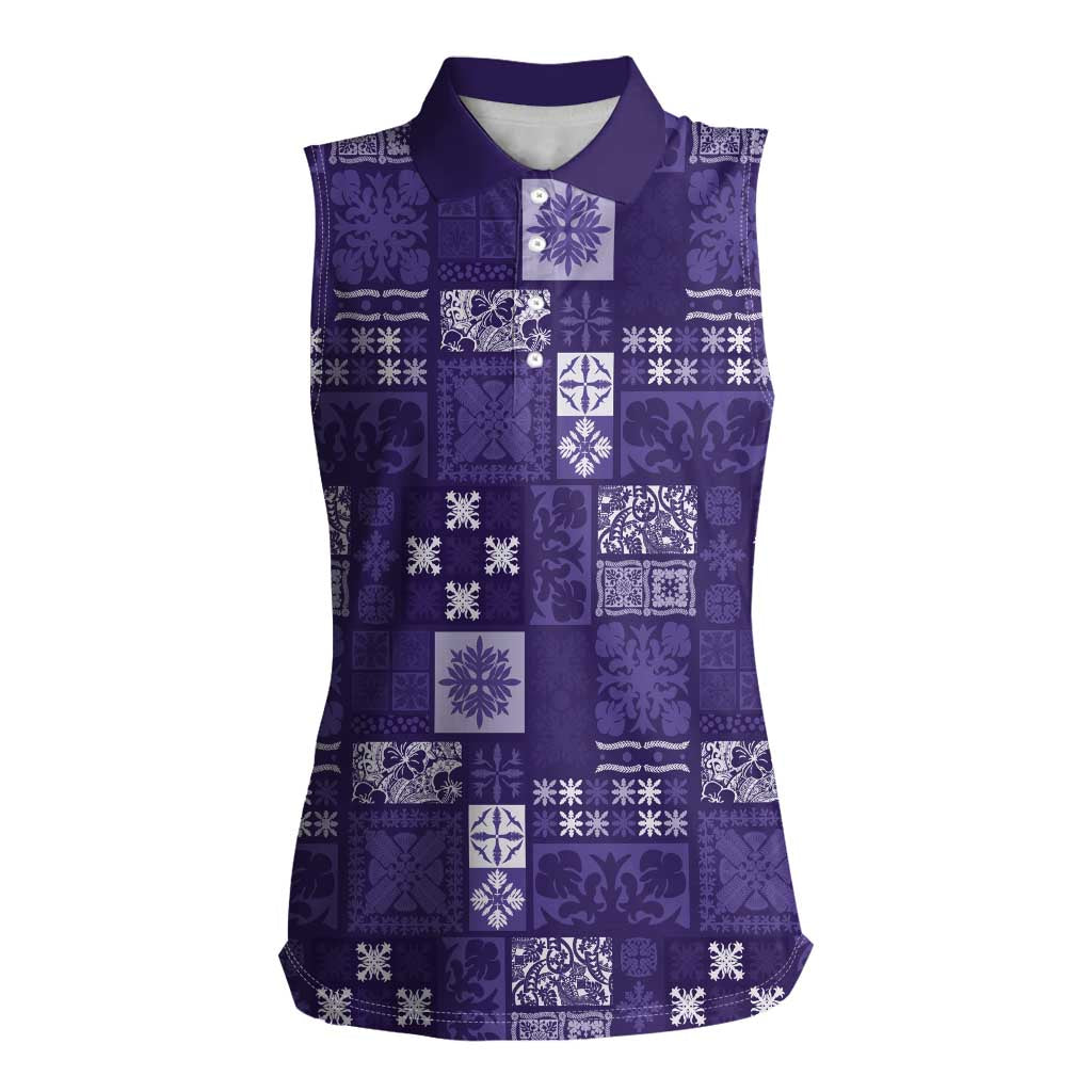 Vintage Hawaiian Quilting Patterns Women Sleeveless Polo Shirt Purple Style Tribal Fabric Patchwork - Polynesian Pride