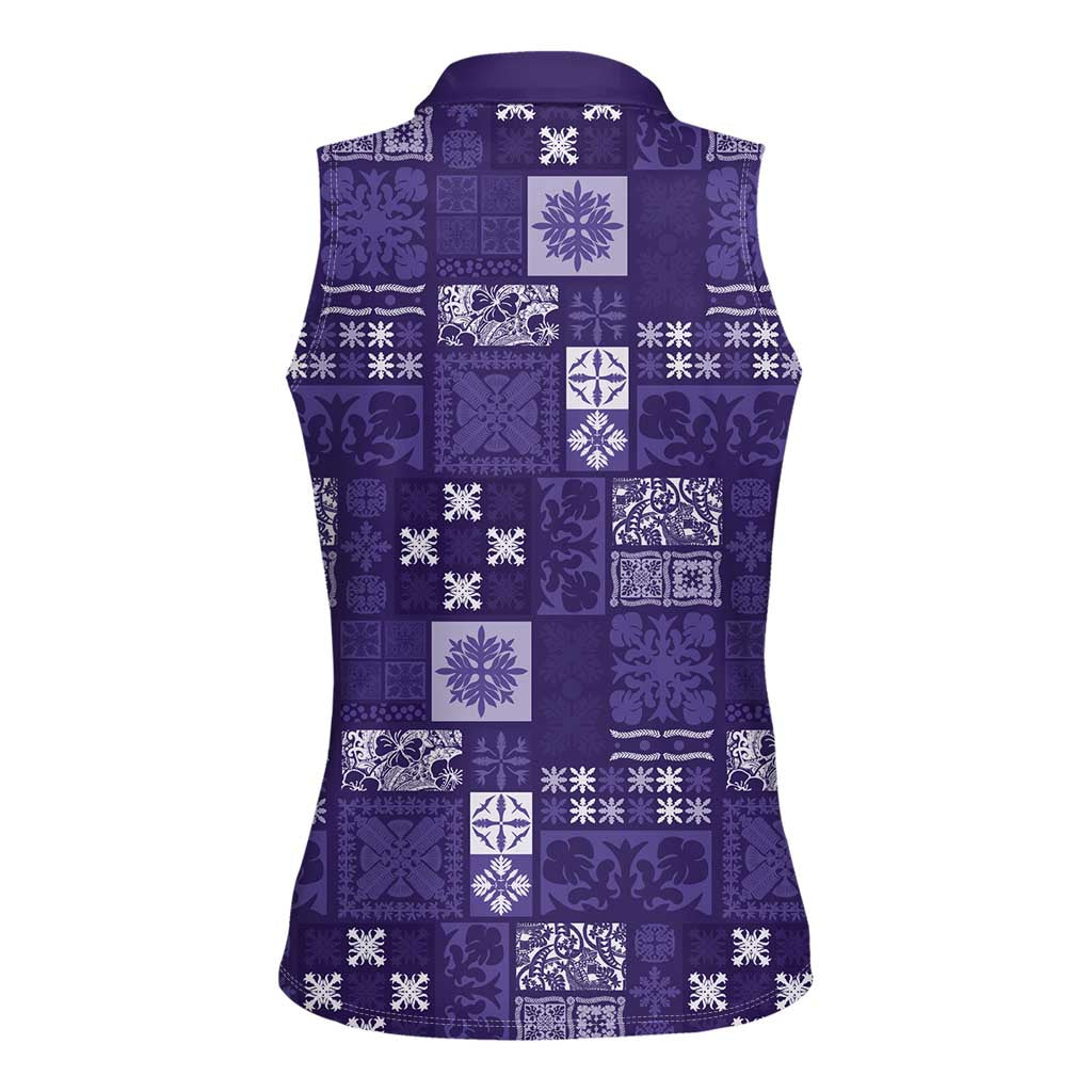 Vintage Hawaiian Quilting Patterns Women Sleeveless Polo Shirt Purple Style Tribal Fabric Patchwork - Polynesian Pride