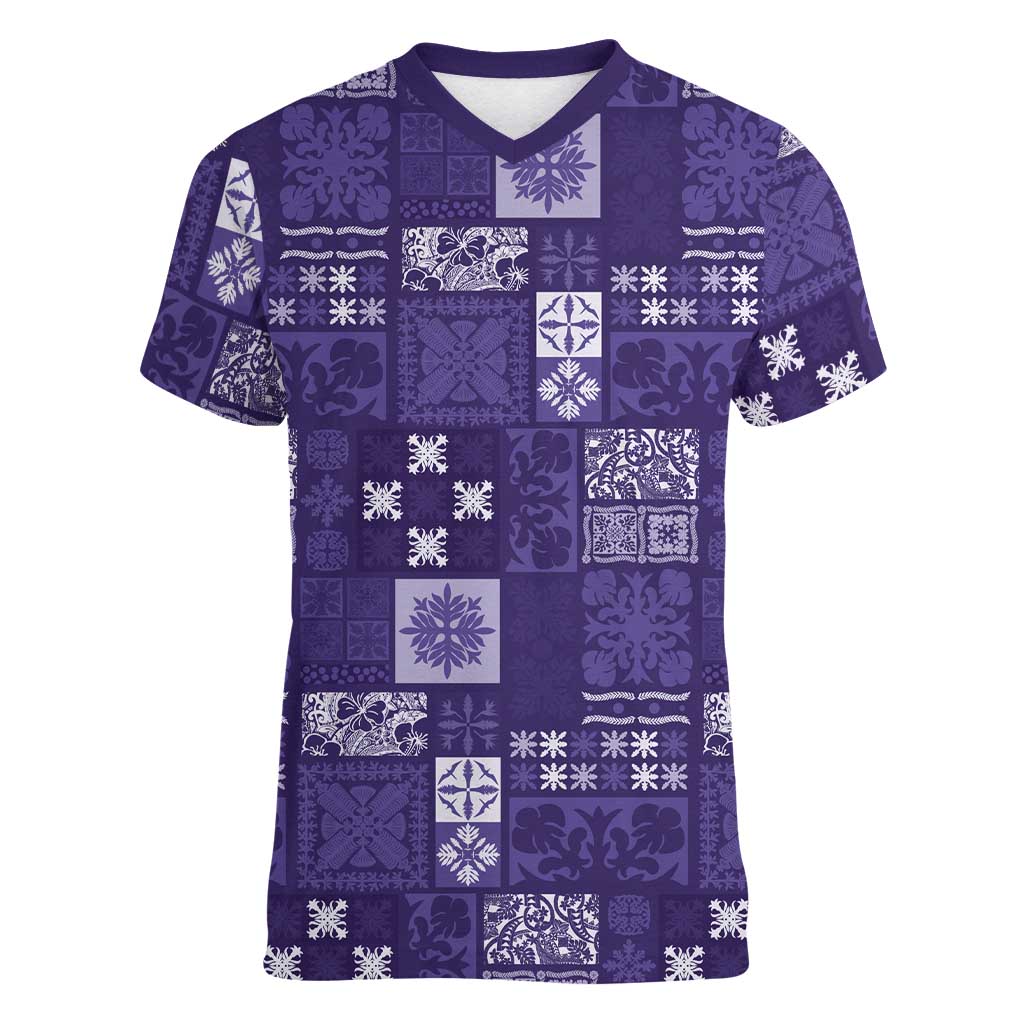 Vintage Hawaiian Quilting Patterns Women V-Neck T-Shirt Purple Style Tribal Fabric Patchwork - Polynesian Pride