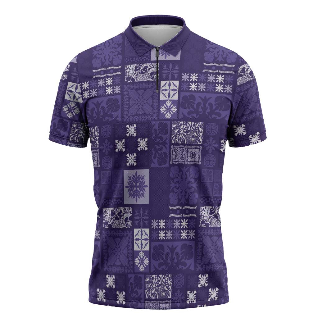 Vintage Hawaiian Quilting Patterns Zipper Polo Shirt Purple Style Tribal Fabric Patchwork - Polynesian Pride