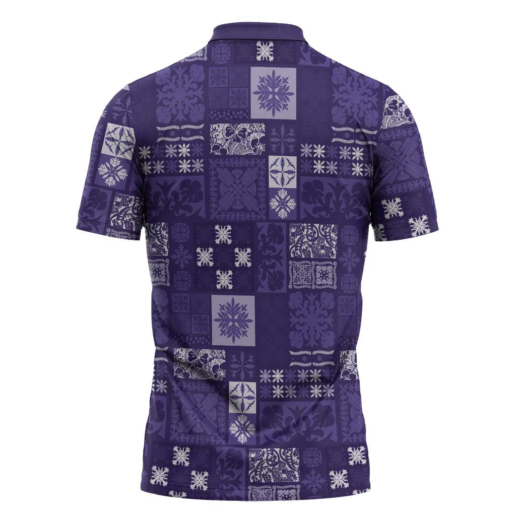 Vintage Hawaiian Quilting Patterns Zipper Polo Shirt Purple Style Tribal Fabric Patchwork - Polynesian Pride