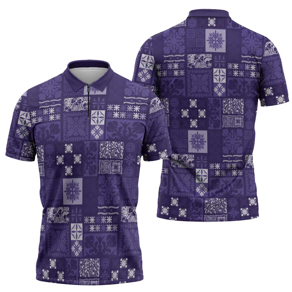 Vintage Hawaiian Quilting Patterns Zipper Polo Shirt Purple Style Tribal Fabric Patchwork - Polynesian Pride