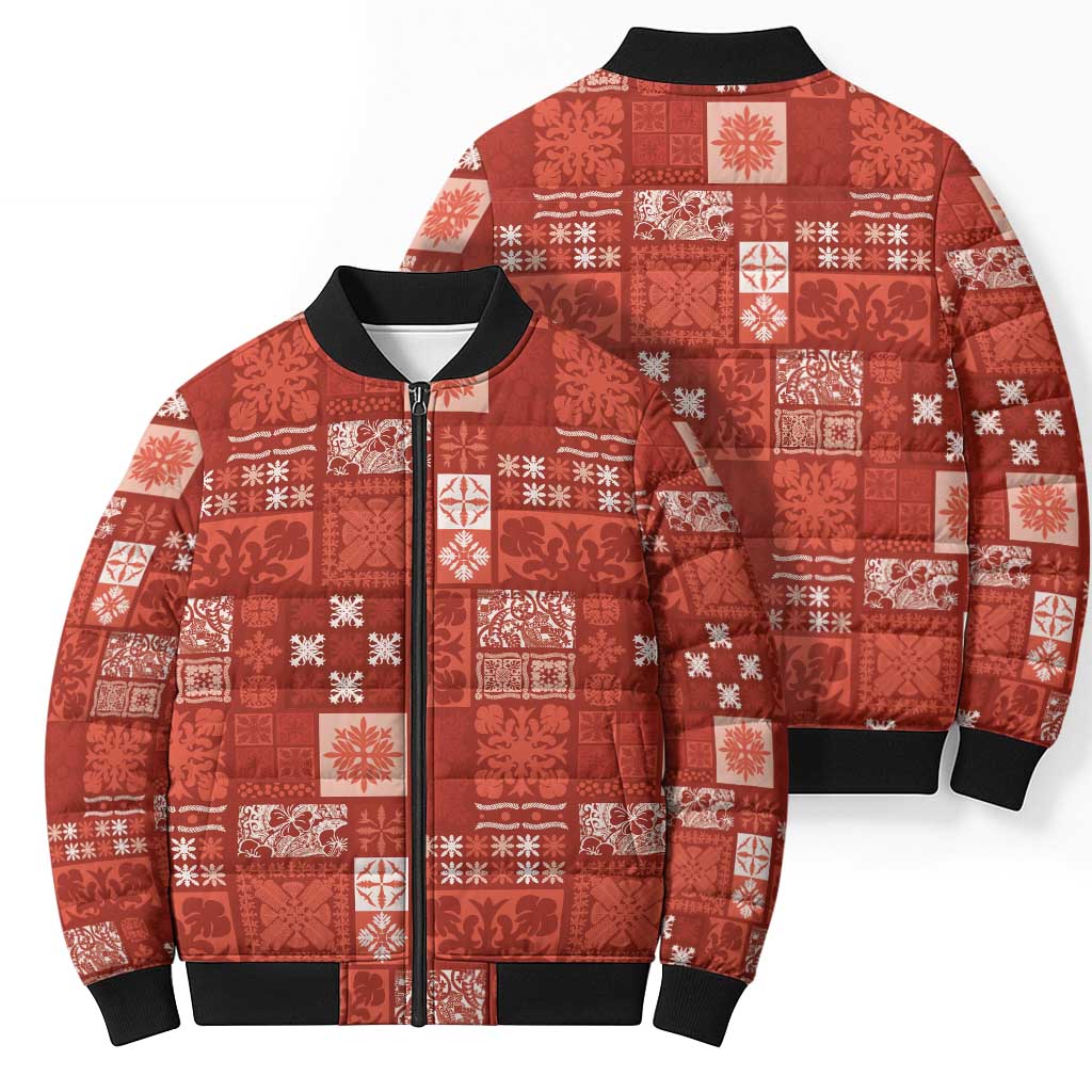Vintage Hawaiian Quilting Patterns Bomber Puffer Jacket Red Style Tribal Fabric Patchwork - Polynesian Pride